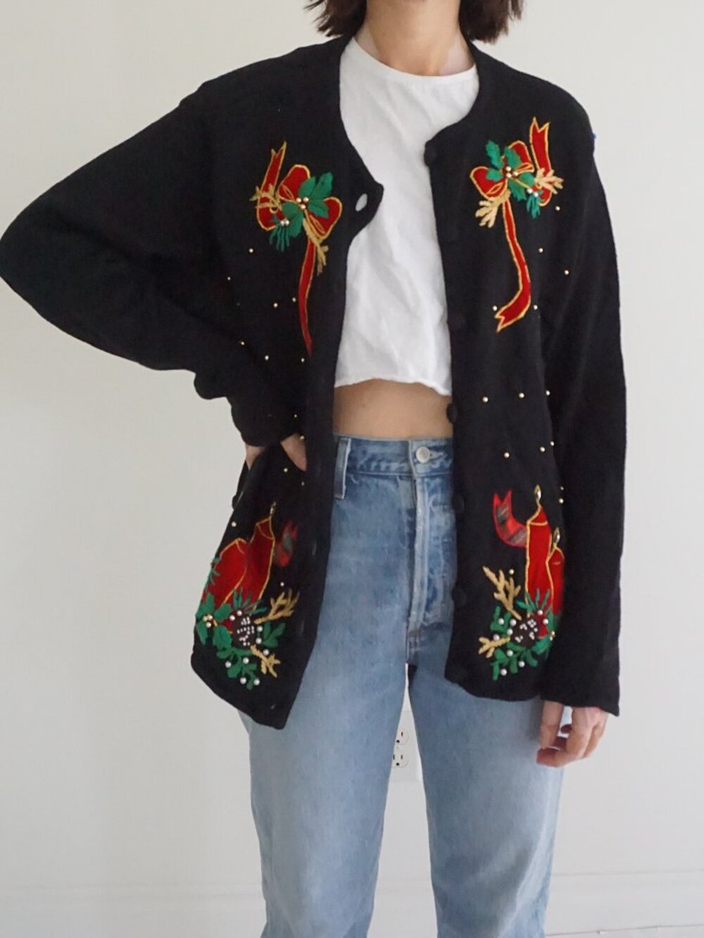 Vintage Victoria Jones Black Red Candle Bows Holly Festive Christmas Cardigan L